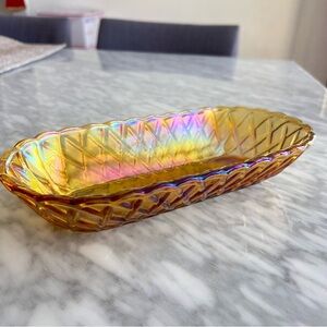 Iridescent Amber Glass Basket Weave Dish - 10.5”